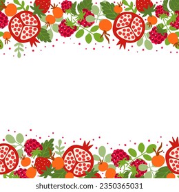 Summer berries seamless frame with raspberry, rosehip, strawberry, pomegranate, leaves. Vector hand drawn repeat border element isolated on white. Juicy fruit illustration, tasty and healthy berry.