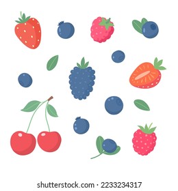 Summer berries set. Strawberry, raspberry, blueberry. Vector flat illustration. 