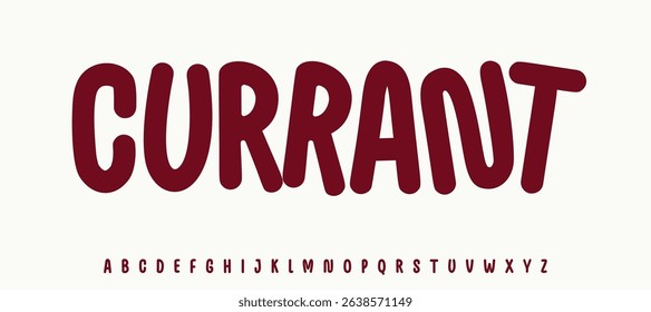Summer berry, Currant lettering, cartoon joyful alphabet, rounded playful font for bright kid fresh product headline, friendly logo. Childish typographic design. Packaging typography. Vector typeset