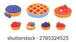 Summer Berry Pies and Tartlets Set Vector Illustration. Strawberry Blueberry Raspberry Desserts Collection. Flat Cartoon Bakery Icons Isolated on White Background.