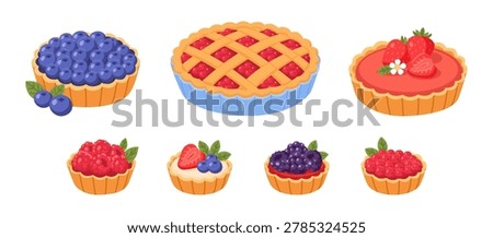Summer Berry Pies and Tartlets Set Vector Illustration. Strawberry Blueberry Raspberry Desserts Collection. Flat Cartoon Bakery Icons Isolated on White Background.