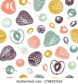 Summer berry seamless pattern. Hand drawn berries background. With fresh fruit: strawberry, cranberry, currant, cherry, bilberry, raspberry, blueberry. For recipe, menu, banner, tea or jam design. 