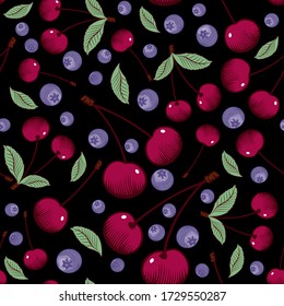 Summer berry seamless pattern. Ripe berries and fruits. Old color print with a stylized pattern. Vector illustration.