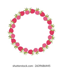 Summer berry wreath with raspberry and foliage. Summer frame of pink berries and leaves. Decoration element for cards and seasonal decor, menu, recipe. Vector flat illustration.