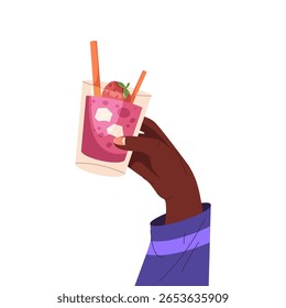 Summer beverage or bar cocktail in glass. Vector alcohol drink with garnish for night party or club festive, beach celebration. Toast icon for nightclub or exotic liquid for nightlife. Drinkware.