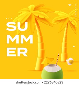 Summer beverage bar menu card with yellow 3d render palm trees and coconut cocktail with umbrella and straw, card template