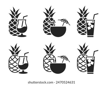 summer beverage flat and line icons. soft drink, cocktail and pineapple symbols. isolated vector illustrations