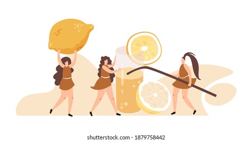 Sommergetränke mit winzigen weiblichen Menschen Cartoon-Illustration. Frauen, die Obst halten und Säfte herstellen, handgezeichnet doodle Banner Design. Veganische Diät, gesunde Zitrusfrüchte, glatte Druckkarte