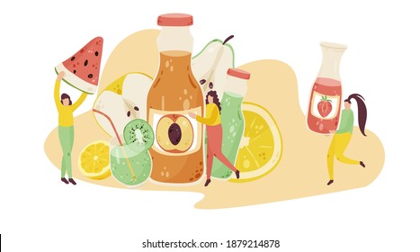 Sommergetränke mit winzigen Menschen Cartoon-Illustration. Frauen, die Fruchtsäfte halten, handgezeichnet doodle Banner Design. Veganische Diät, gesunde, glatte Druckkarte