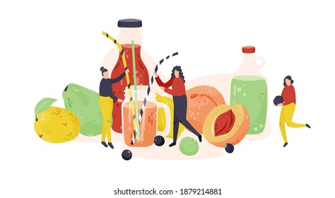 Summer beverages with tiny people cartoon illustration. Women holding fruit juices hand drawn doodle banner design. Vegan diet, healthy smoothy printing card