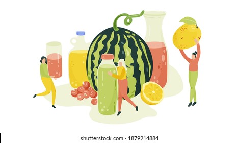 Bebidas de verano con ilustraciones de dibujos animados de gente pequeña. Mujeres sosteniendo el diseño de pancartas con zumos de fruta dibujados a mano. Dieta vegan, tarjeta de impresión saludable y suavemente