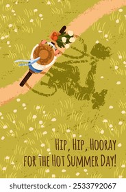 Summer bicycle ride, card. Bike travel in straw hat and flowers in basket, path in meadow, nature on sunny day, top down view. Country rural landscape, cottagecore vibe. Flat vector illustration