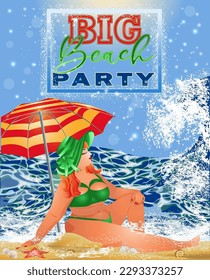 Summer big beach party. Plus size woman with parasol on the  beach, vector illustration	
