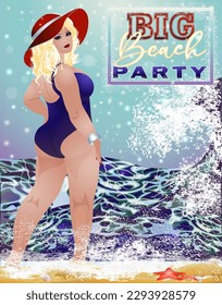 Summer big beach party. Plus size blonde woman on the beach, vector illustration