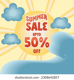 Summer big discount sale illustration great as poster, flyers, advertisement, social media, banner, template, sticker and tag. Sales promotion, marketing collateral with sun, beach and bright colours.
