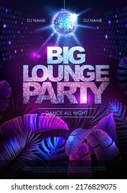 Summer big lounge party typography poster with fluorescent tropic leaves. Nature concept. Summer background. Vector illustration