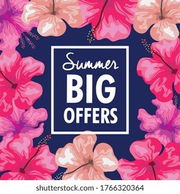 summer big offers, banner with frame of flowers tropical, exotic floral banner vector illustration design