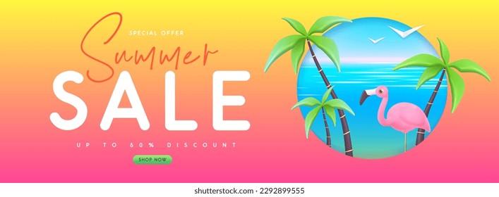 Summer big sale banner with 3d plastic flamingo and palm trees. Summer background. Vector illustration