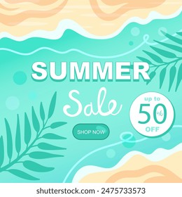 Plantilla de fondo de Anuncio de gran venta de verano. Vista superior en la playa, olas y silueta de hojas de palma. Oferta especial, hasta 50% de descuento