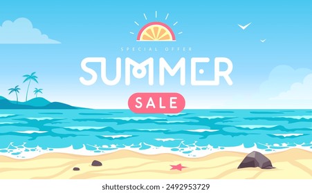 Summer big sale banner or poster with tropical landscape, ocean waves, sand beach and palm trees. Vector illustration