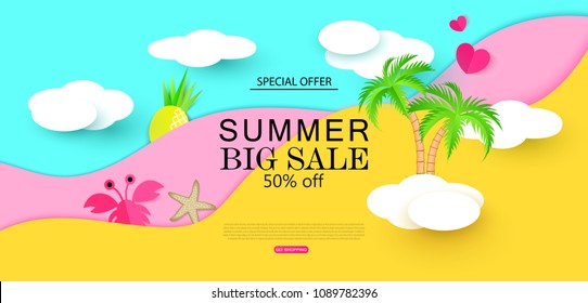 Summer Big Sale banner with Sweet crab,starfish, pineapple, palm trees, clouds and hearts. Paper Art. Vector illustration