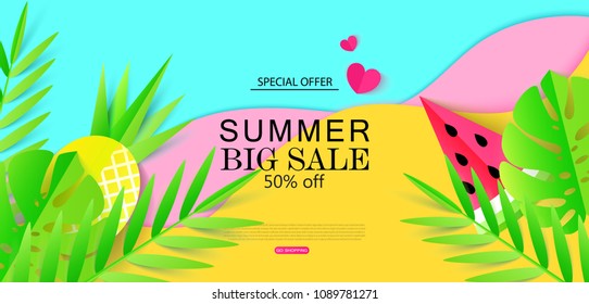 Summer Big sale banner template with tropical leaves and fruits. Paper style. Vector illustration