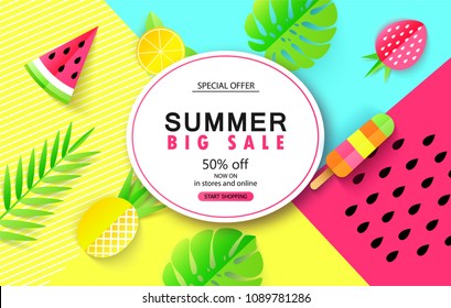 Summer Big sale banner template with tropical leaves and fruits. Paper style. Vector illustration