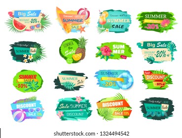 Summer big sale banners set. Posters with leaves of trees, cocktails and fruits. Watermelon and pineapple, surfing board and volleyball ball vector