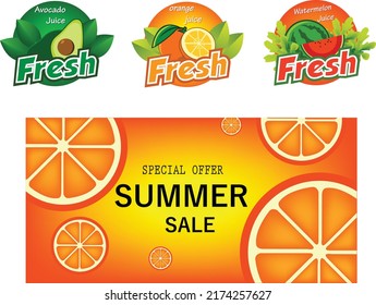 Pancartas de verano a gran venta. Carteles con hojas de árboles, cócteles y frutas. Melón de agua y piña, tabla de surf y pulpa de vectores de voleibol jugoso en un cartel publicitario