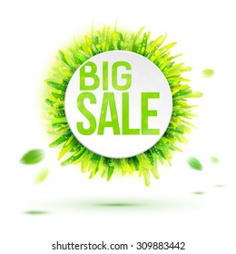 Summer big sale circle label with realistic green grass and leaves. Creative promotional vector banner. Season business offer design.