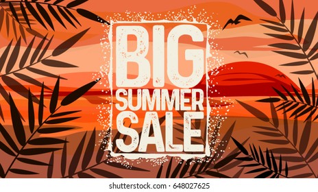 Summer Big Sale Design Template. Vector illustration, lettering and colorful design for poster, card, invitation. Sale banner. Beautiful sunset at the seaside. Easy editable for Your design. 