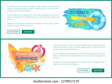 Summer big sale discounts, posters set with text sample. Lifebuoy and surfing board ball for volleyball. Promotion and seasonal propositions vector