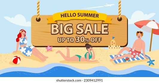 summer Big sale illustration. Banner, human on the beach, beach background and wave with wood sign.