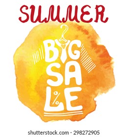 Summer big  Sale lettering in tee shirt shape.Lettering,watercolor yellow splash,textured stein.Typographic background design.Fashion vector Illustration.Shirt hanging on hanger.For poster,sticker