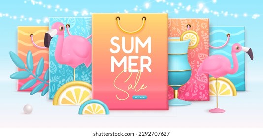 Summer big sale poster with 3d plastic flamingo, cocktail and shopping bag. Summer background. Vector illustration