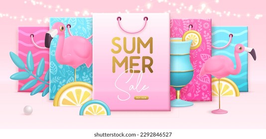 Summer big sale poster with 3d plastic flamingo, cocktail and shopping bag. Summer background. Vector illustration