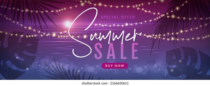 Summer big sale poster with tropic leaves and string of lights. Summer party background. Vector illustration