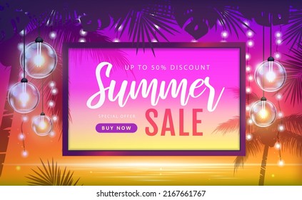 Summer big sale poster with tropic leaves and string of lights. Summer party background. Vector illustration