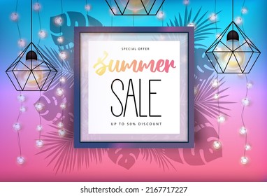 Summer big sale poster with tropic leaves and string of lights. Summer party background. Vector illustration