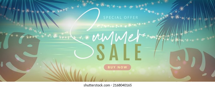 Summer big sale poster with tropic leaves and string of lights. Summer party background. Vector illustration