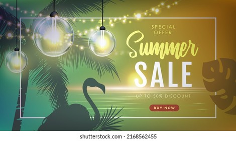 Summer big sale poster with tropic leaves and string of lights. Summer party background. Vector illustration