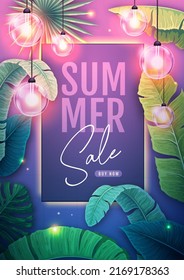 Summer big sale poster with tropic leaves and string of lights. Summer tropic leaves background. Vector illustration