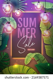 Summer big sale poster with tropic leaves and string of lights. Summer tropic leaves background. Vector illustration