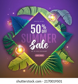 Summer big sale poster with tropic leaves and string of lights. Summer tropic leaves background. Vector illustration