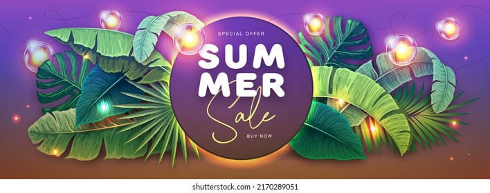 Summer big sale poster with tropic leaves and string of lights. Summer tropic leaves background. Vector illustration