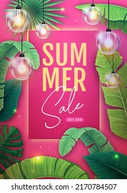 Summer big sale poster with tropic leaves and string of lights. Summer tropic leaves background. Vector illustration
