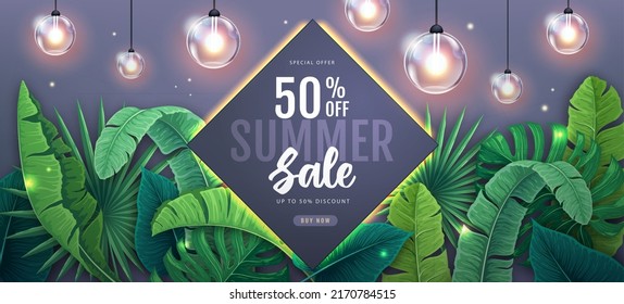 Summer big sale poster with tropic leaves and string of lights. Summer tropic leaves background. Vector illustration