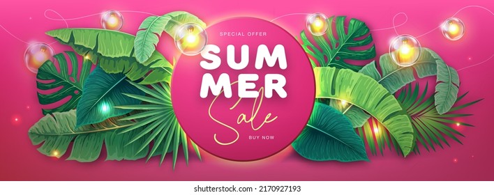 Summer big sale poster with tropic leaves and string of lights. Summer tropic leaves background. Vector illustration