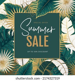 Summer big sale poster with tropic golden and green leaves. Summer tropic leaves background. Vector illustration