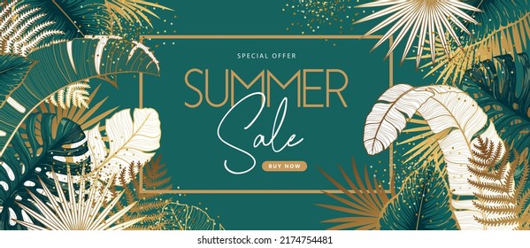 Summer big sale poster with tropic golden and green leaves. Summer tropic leaves background. Vector illustration